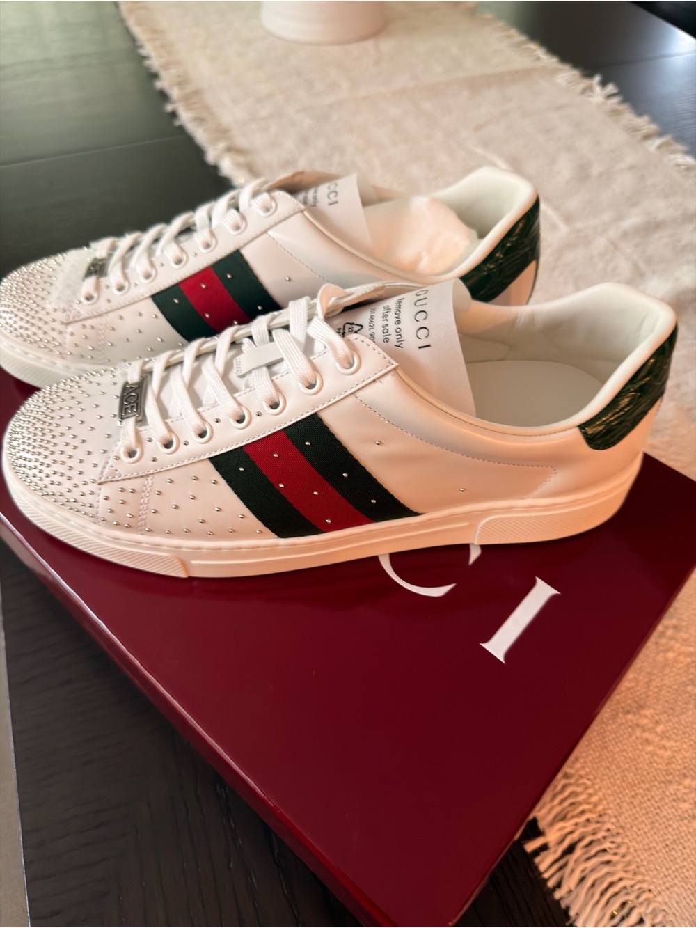Gucci ACE Leather Sneakers with Red & Green Web and Crystal Accents